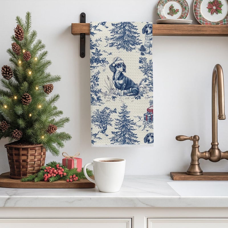 EKGJW Blue Dachshund Christmas Kitchen Towels,Vintage Dog Lover Gifts Dish Tea Towels for Kitchen,French Chinoiserie Holiday Decorative Hand Towel for Bathroom, 16x24 Inch - Image 3